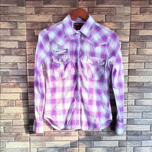 Rock & Roll Cowgirl  Pink and Blue Plaid Shirt Small EUC